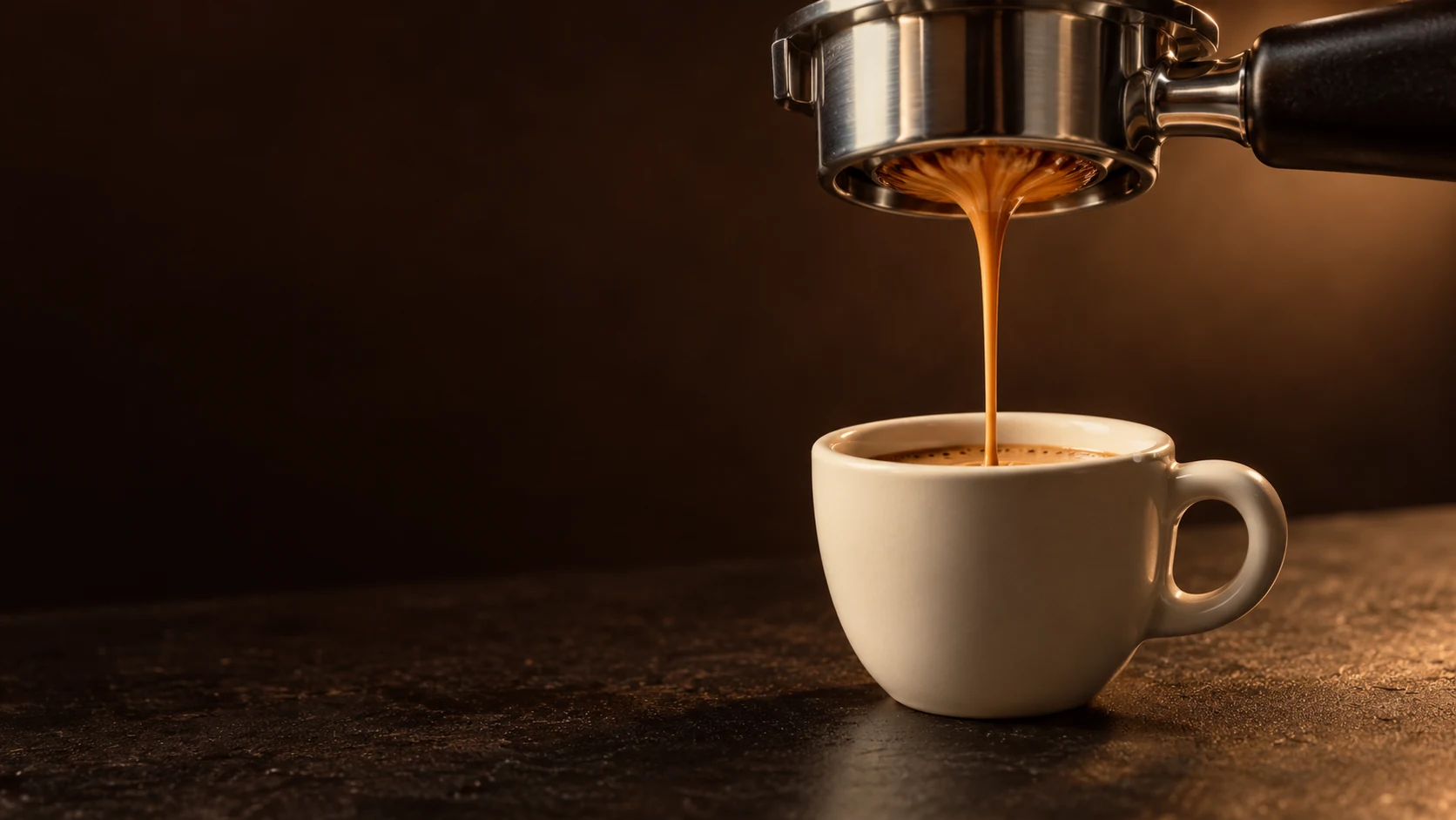 Espresso läuft aus dem Siebträger in eine kleine elfenbeinfarbene Tasse, warmes Licht auf dunklem Stein